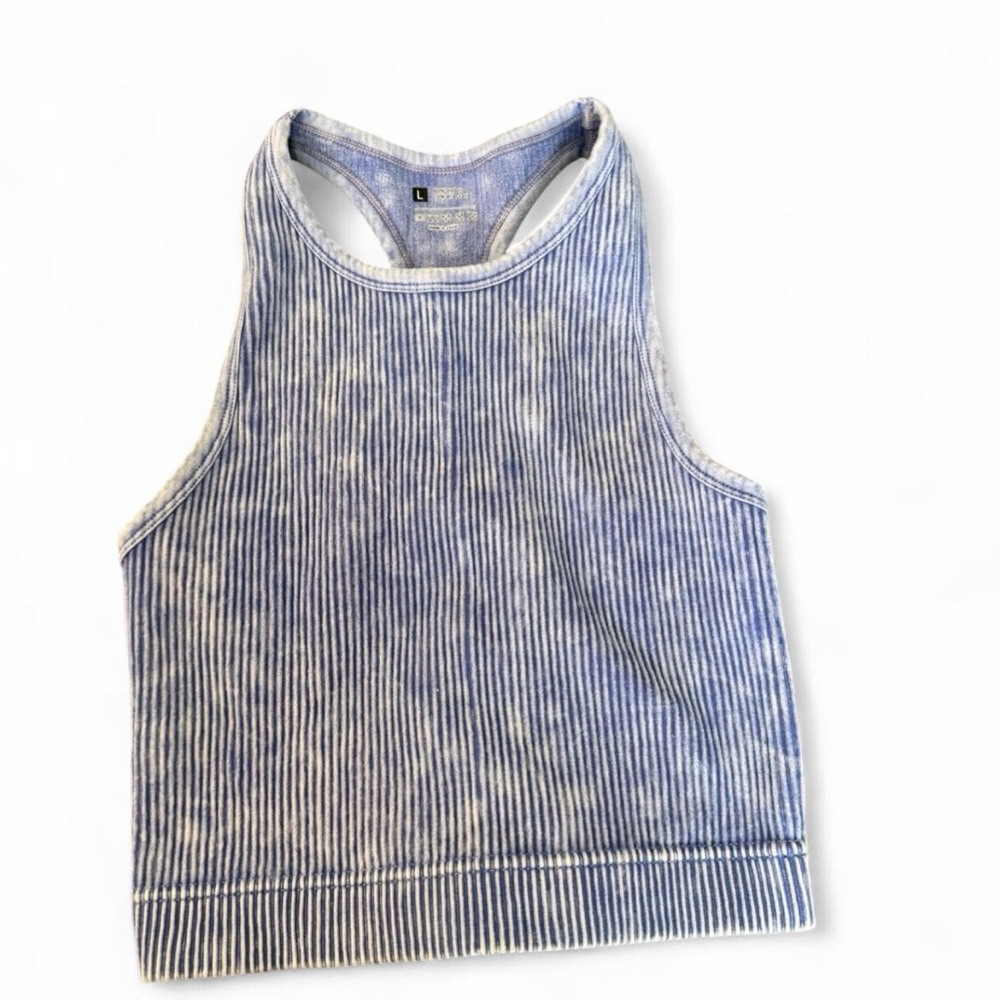 Ribbed Racerback Cropped Tank - Blue & White